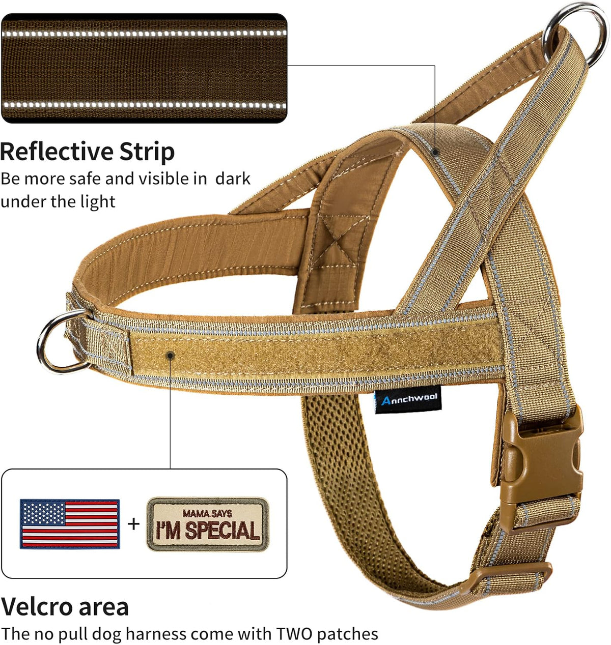 Annchwool escape proof dog harness side angle emphasizing the soft padded handle and adjustable straps.
