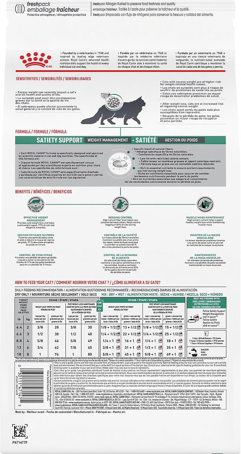 Back label of the Royal Canin Feline Satiety Weight Management dry food bag displaying the official feeding guide chart.