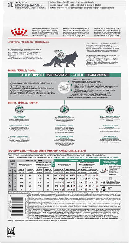 Back label of the Royal Canin Feline Satiety Weight Management dry food bag displaying the official feeding guide chart.