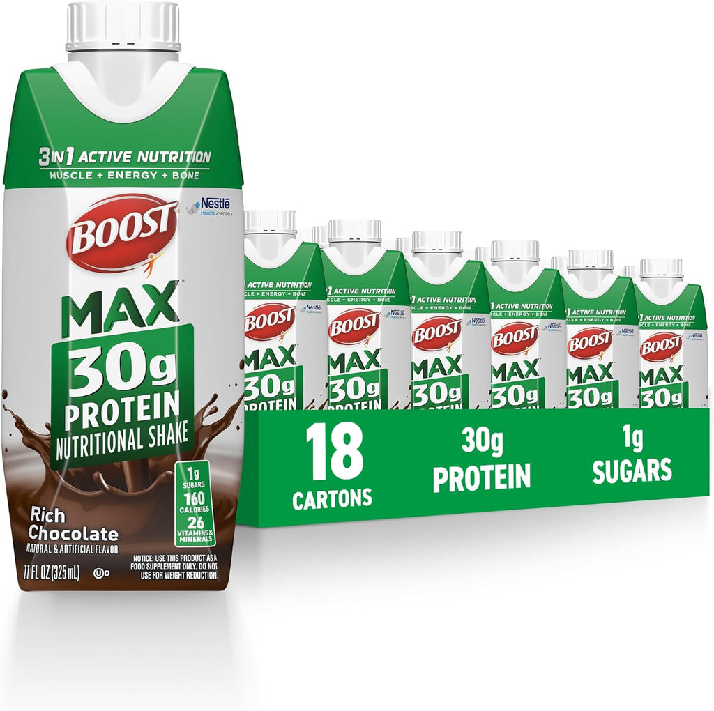 Boost Max Protein Shakes Rich Chocolate 18 pack front view muscle recovery drink