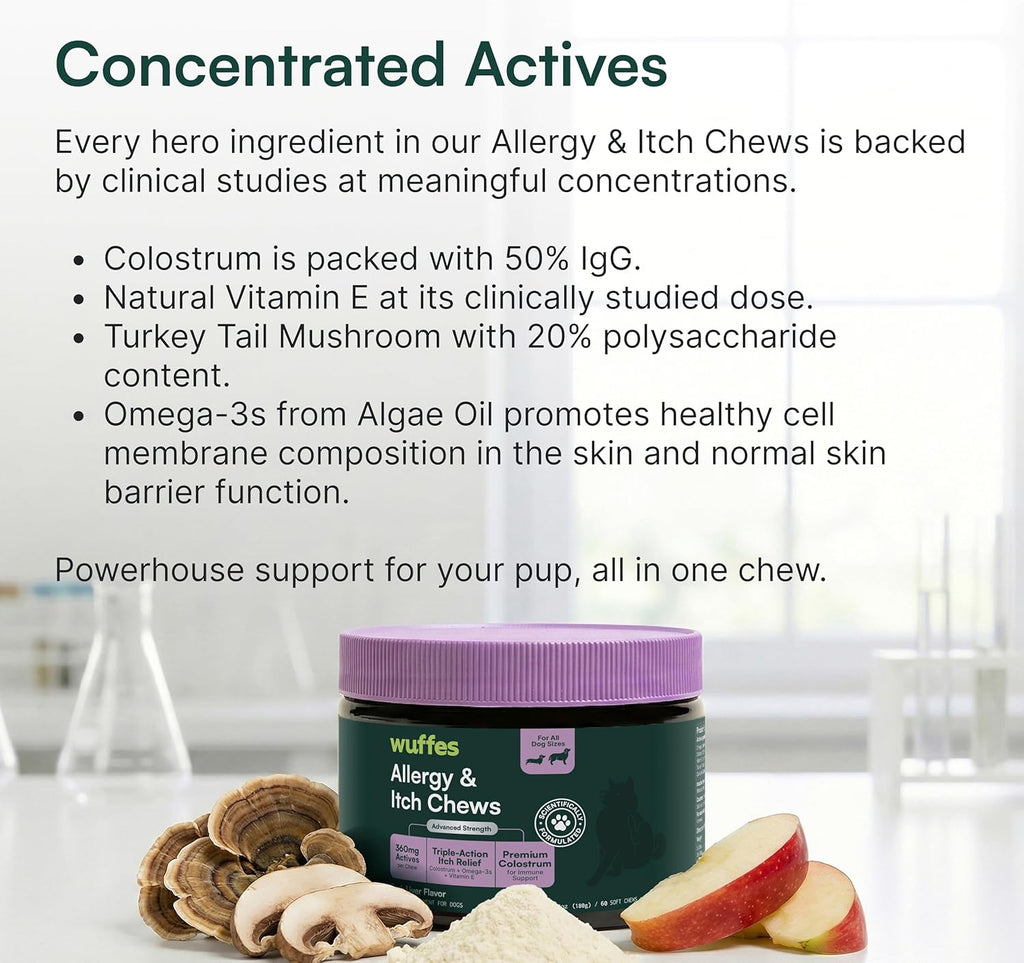 Dog supplement jar highlighting seasonal allergy and itchy skin relief benefits.
