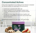 Dog supplement jar highlighting seasonal allergy and itchy skin relief benefits.