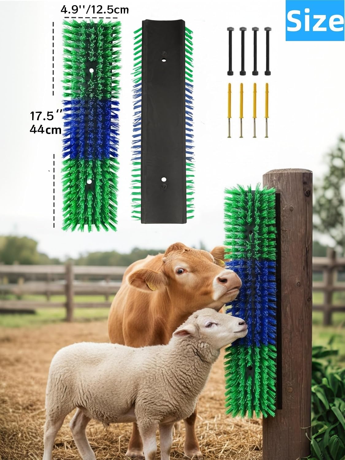 REVAXUP goat scratching post twin pack installed on a wooden barn fence.