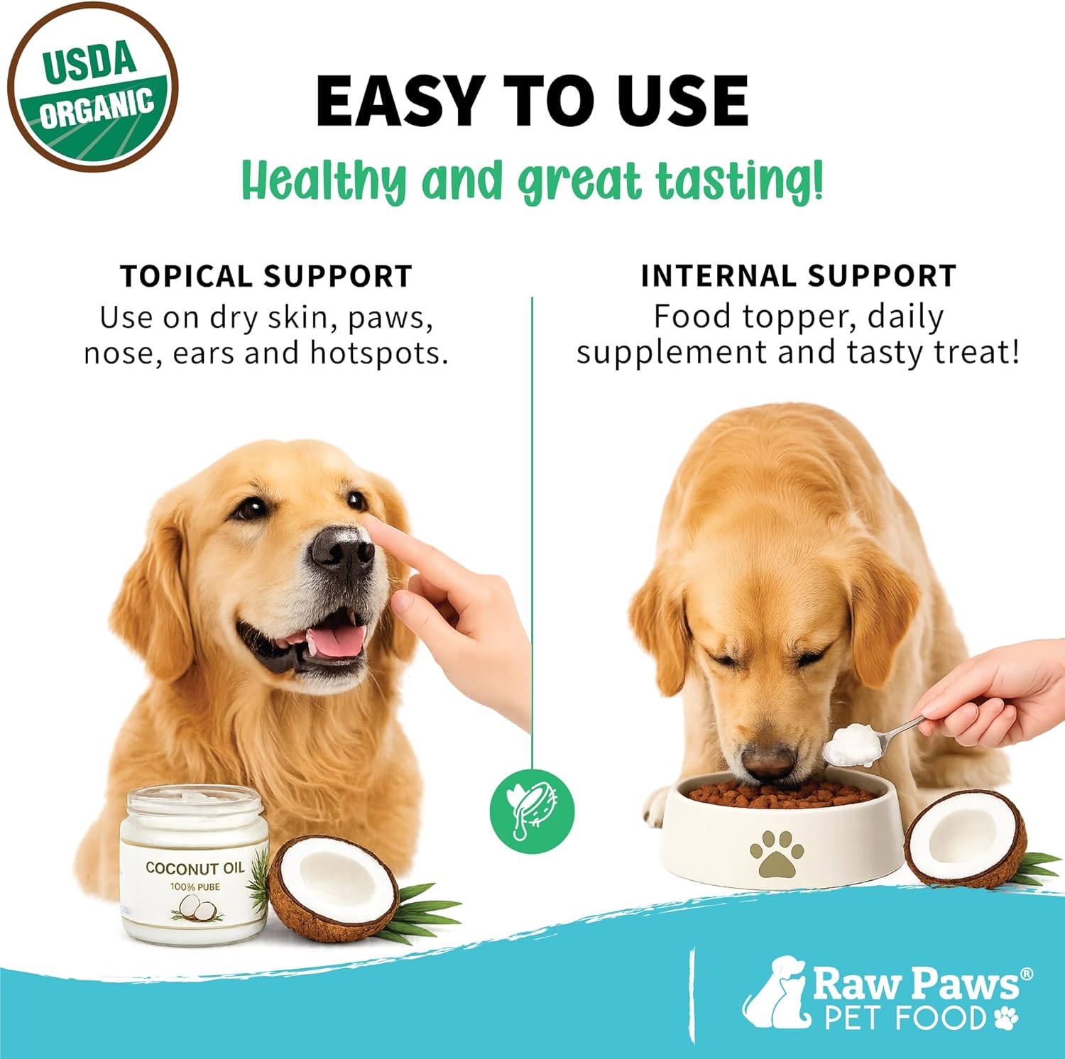 Edible Raw Paws coconut oil supplement being served on a spoon to a cat for hairball support