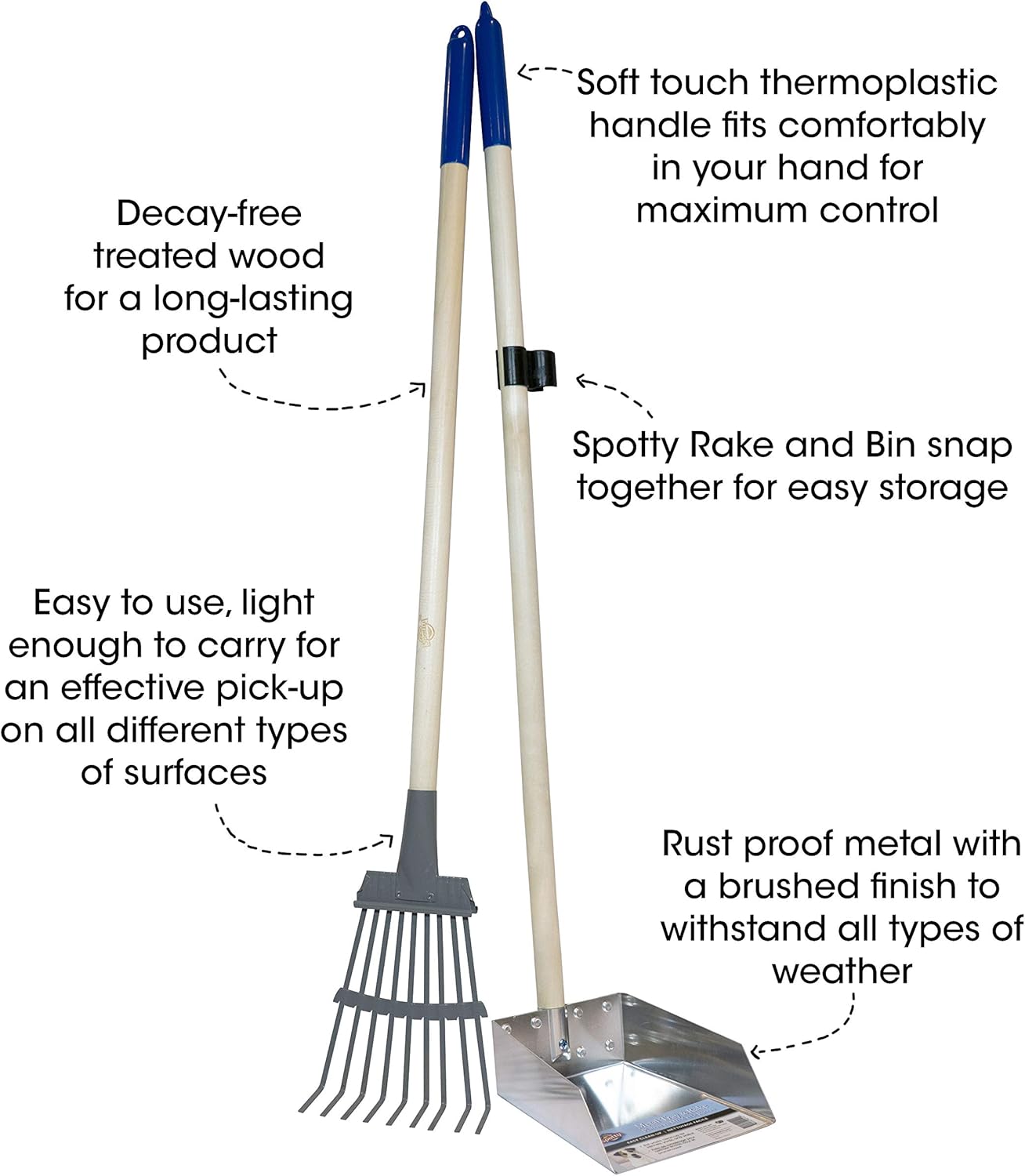 Spotty metal pet waste removal system with rake and tray snapped together for convenient storage.