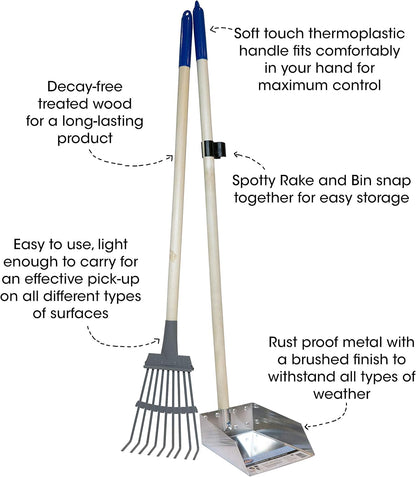 Spotty metal pet waste removal system with rake and tray snapped together for convenient storage.