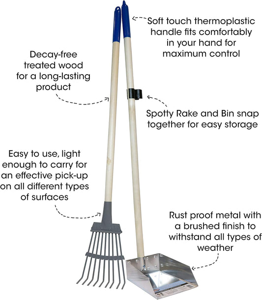 Spotty metal pet waste removal system with rake and tray snapped together for convenient storage.