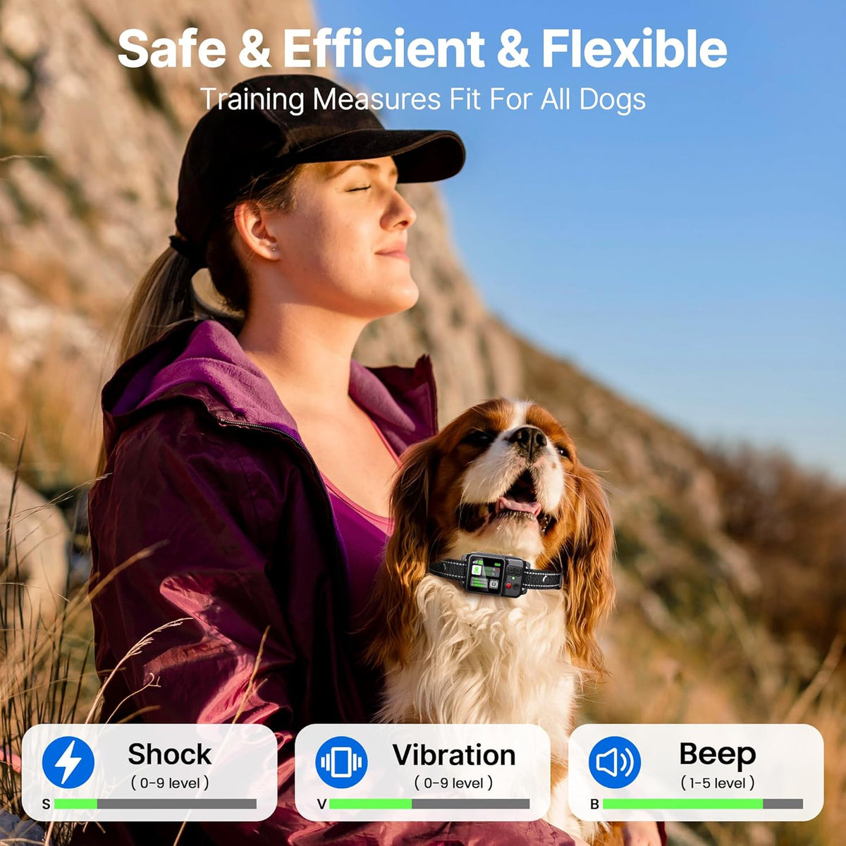 Attefine wireless dog fence system displayed with its complete set of charging accessories and manual.