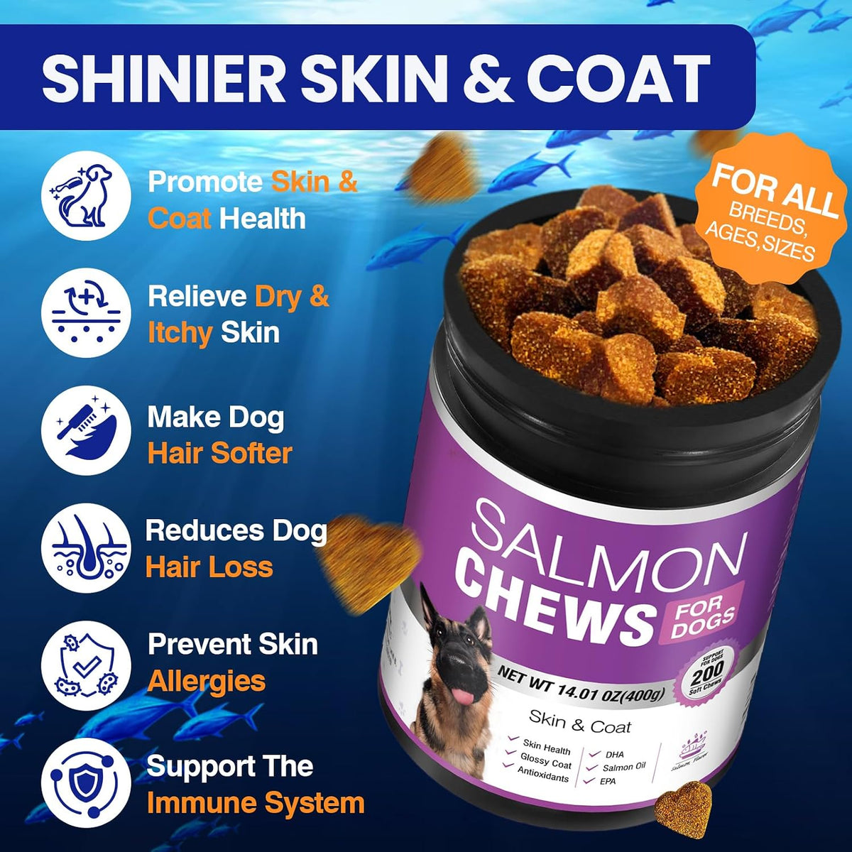 Dog fish oil chewables for allergy and itch relief showing supplement tablets