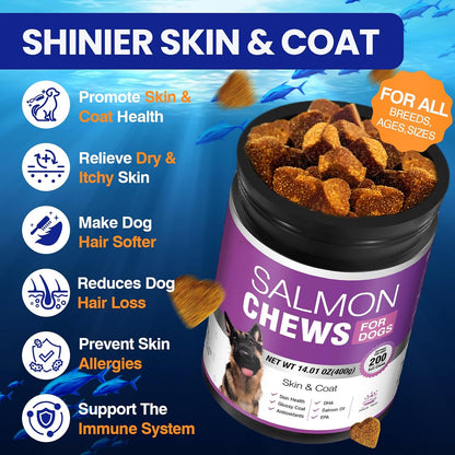 Dog fish oil chewables for allergy and itch relief showing supplement tablets