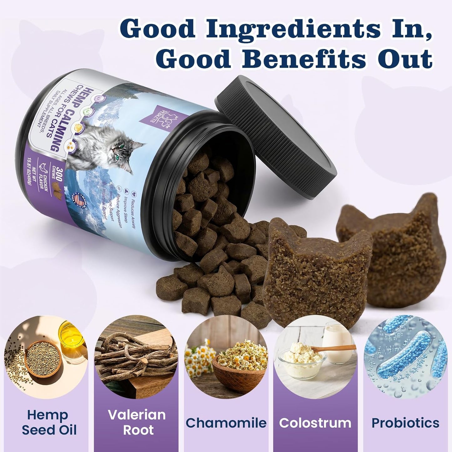 PLBKCTS Calming Care for Indoor Cats 300 soft chews jar front view for cat anxiety relief.