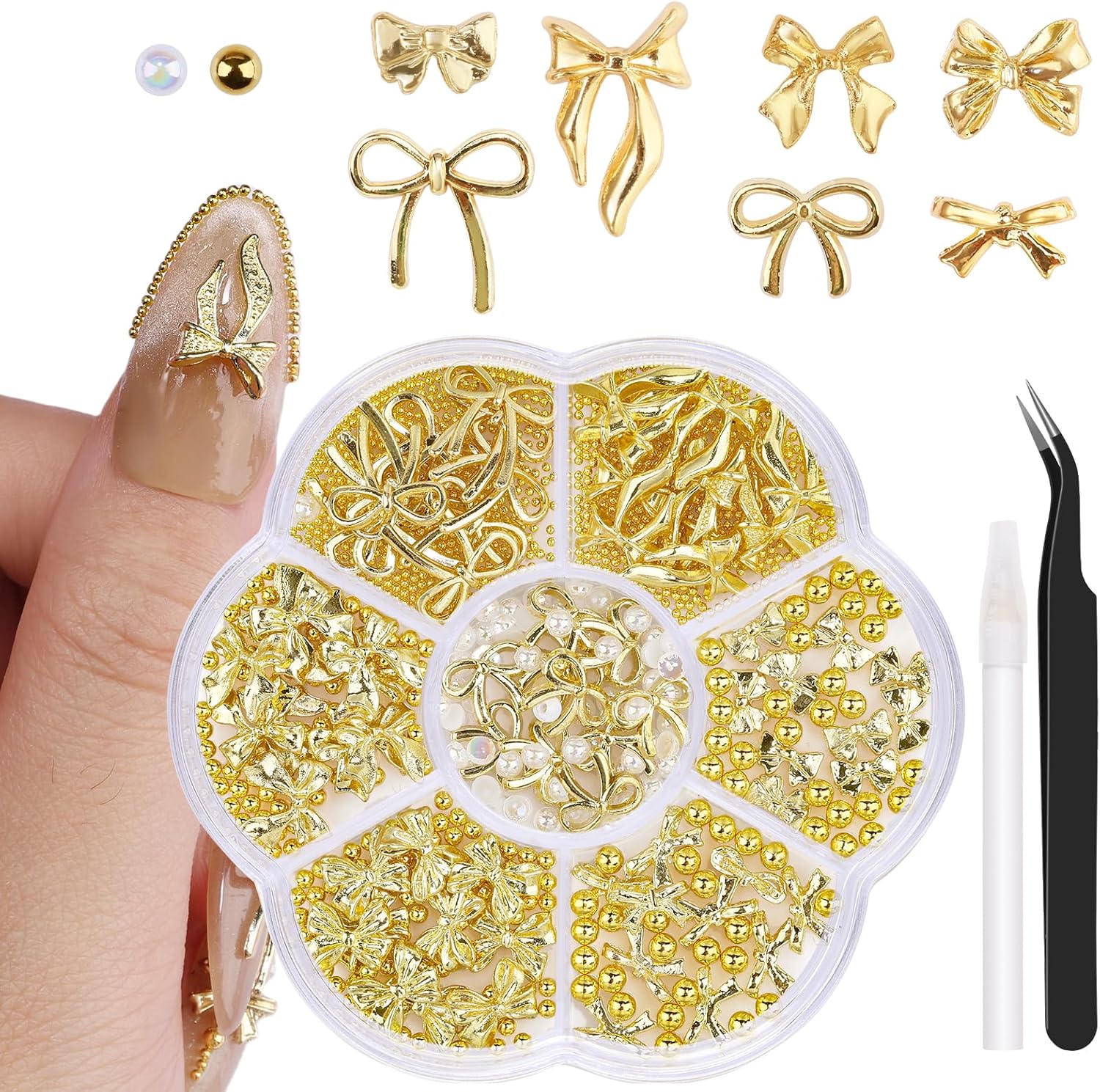 EditTime 3D Metal Alloy Nail Bows Kit front view with charms