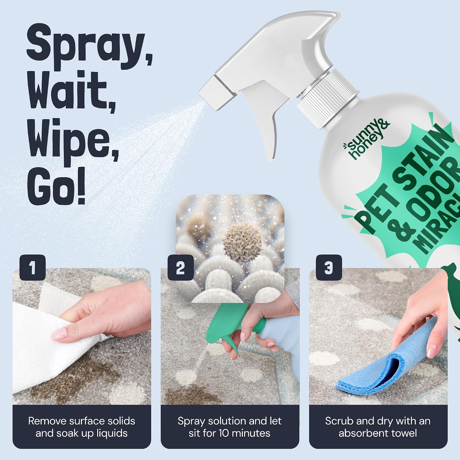 Non toxic pet carpet cleaner spray bottle on a hardwood floor