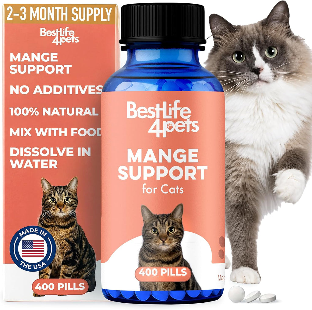 BestLife4Pets Mange Support for Cats four hundred pills bottle front view.