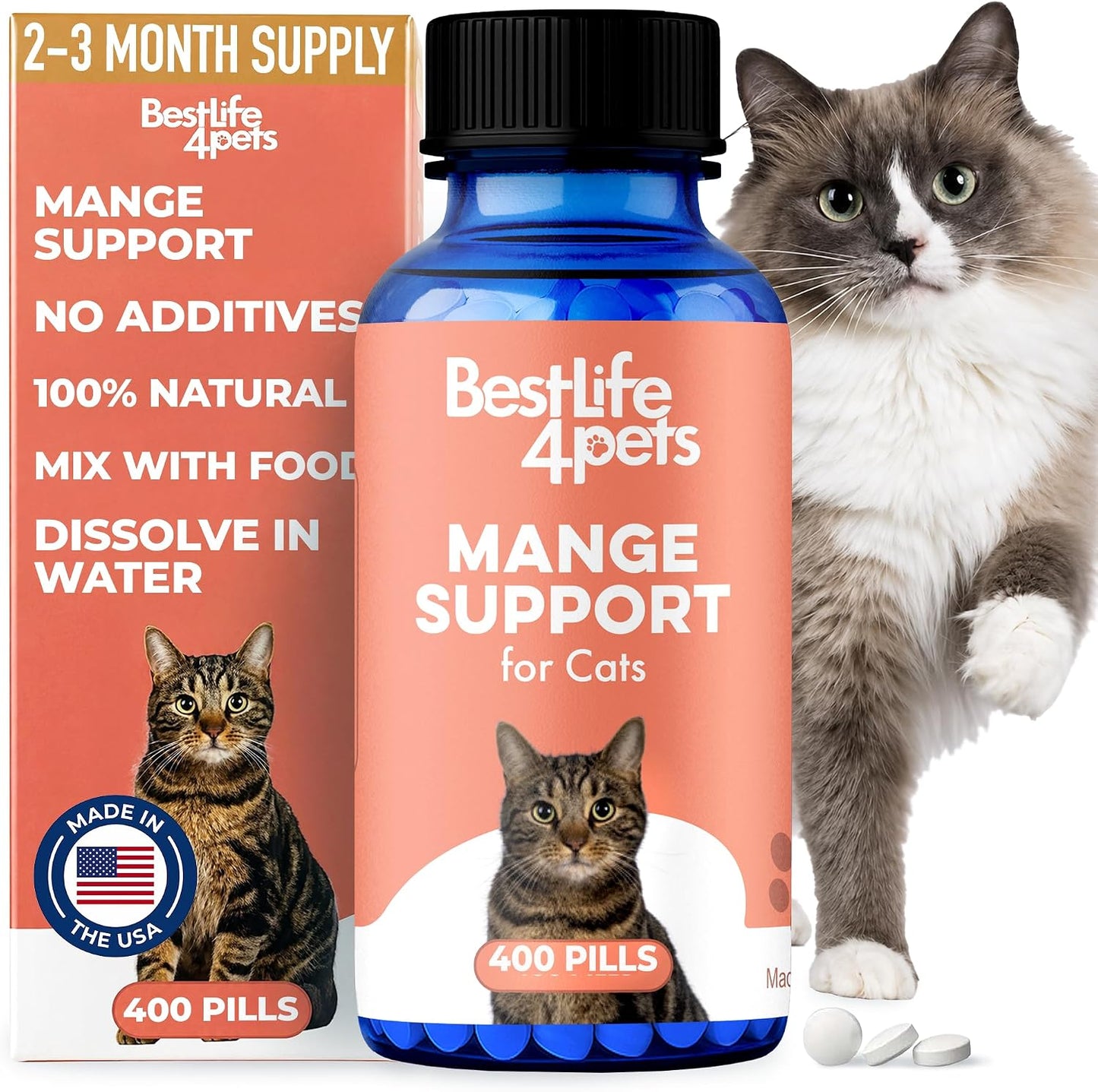 BestLife4Pets Mange Support for Cats four hundred pills bottle front view.