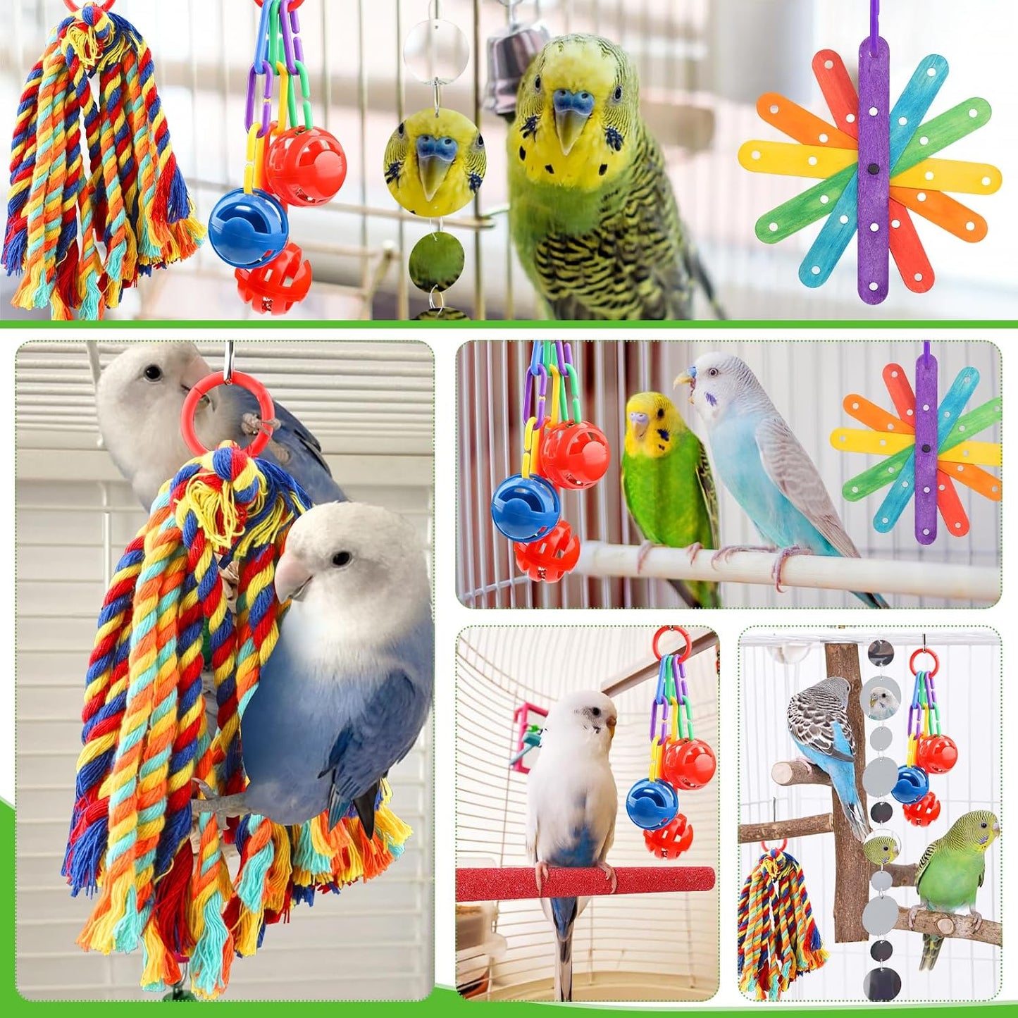 Quozuo parrot chew toys multi sensory playground setup inside an avian cage.