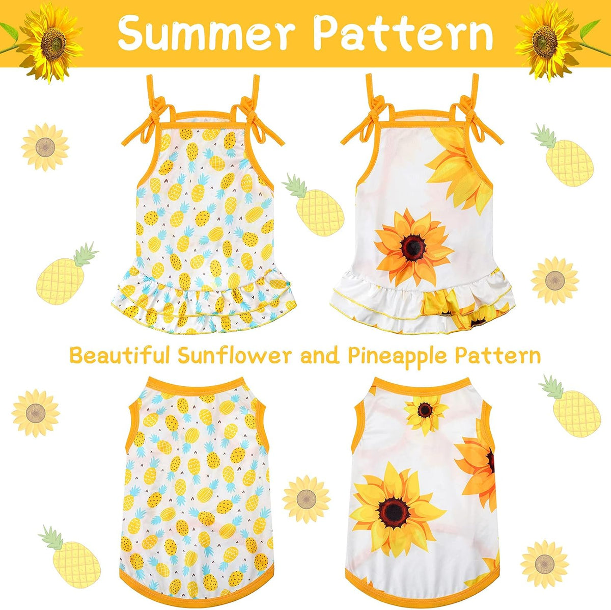 Frienda medium pet apparel collection displaying two cute summer dresses and two breathable t-shirts.
