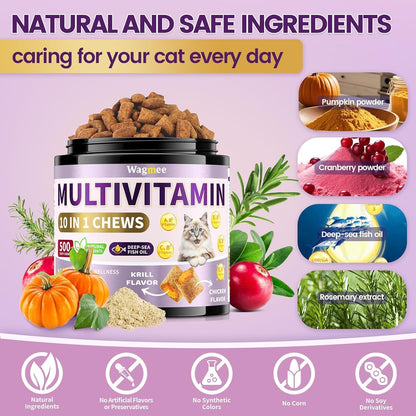 Back label of Wagmee feline multivitamin showing essential vitamins and krill flavor