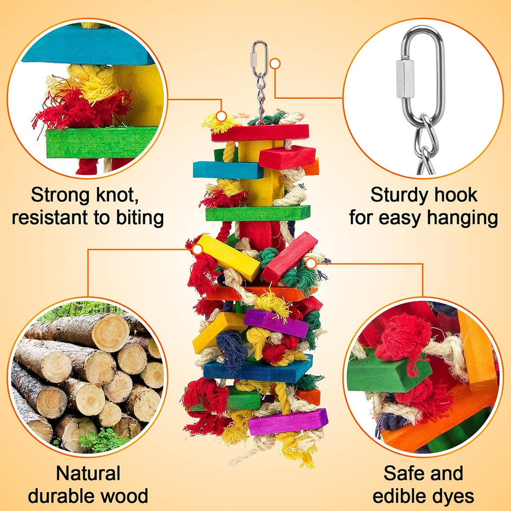 Side profile of Mewtogo parrot chewing toy hanging from cage