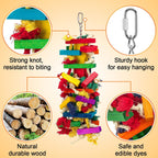 Side profile of Mewtogo parrot chewing toy hanging from cage