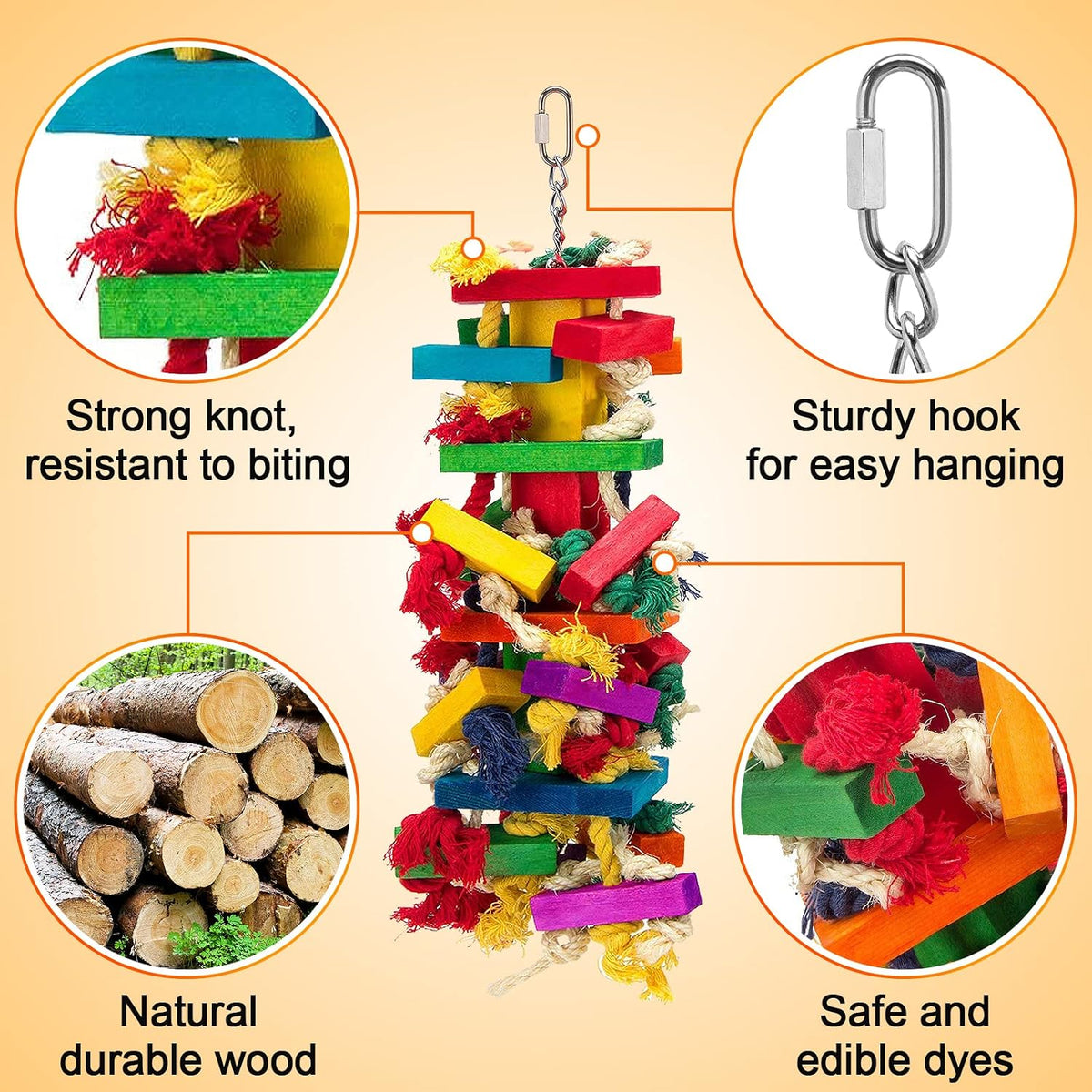 Side profile of Mewtogo parrot chewing toy hanging from cage