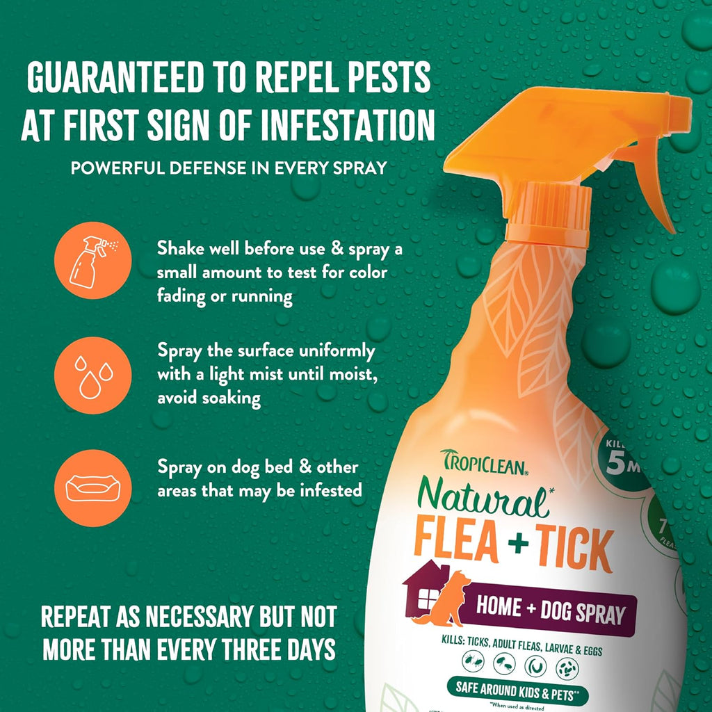 Back label of TropiClean maximum strength flea shampoo with usage instructions