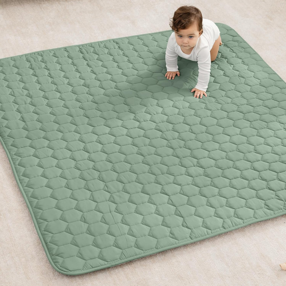 Comfy Cubs square kids play mat front view in fern green