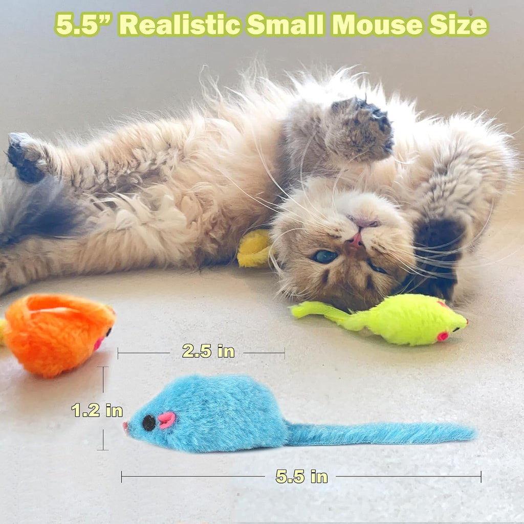 Close up view of the durable plastic body and felt details on the cat mouse toy