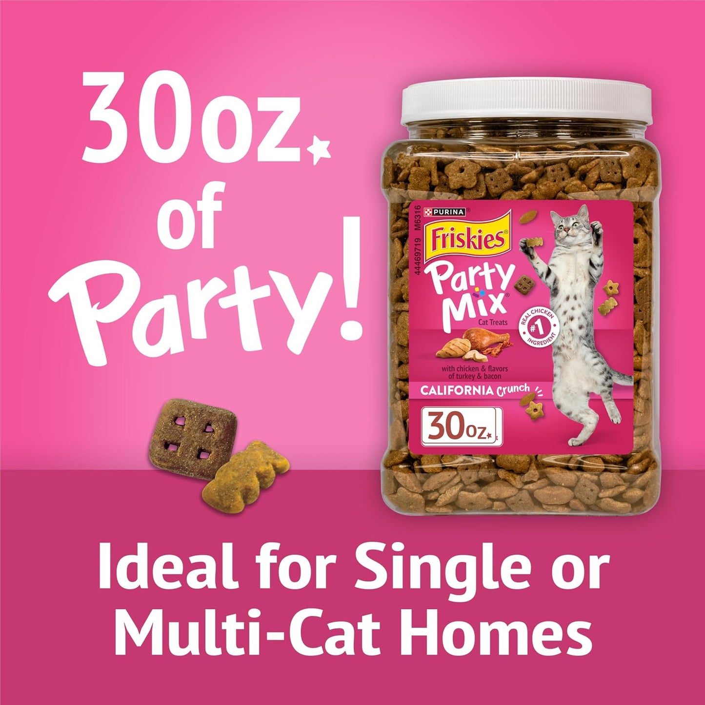 Friskies Party Mix crunchy cat treats in fun shapes for adult feline dental health