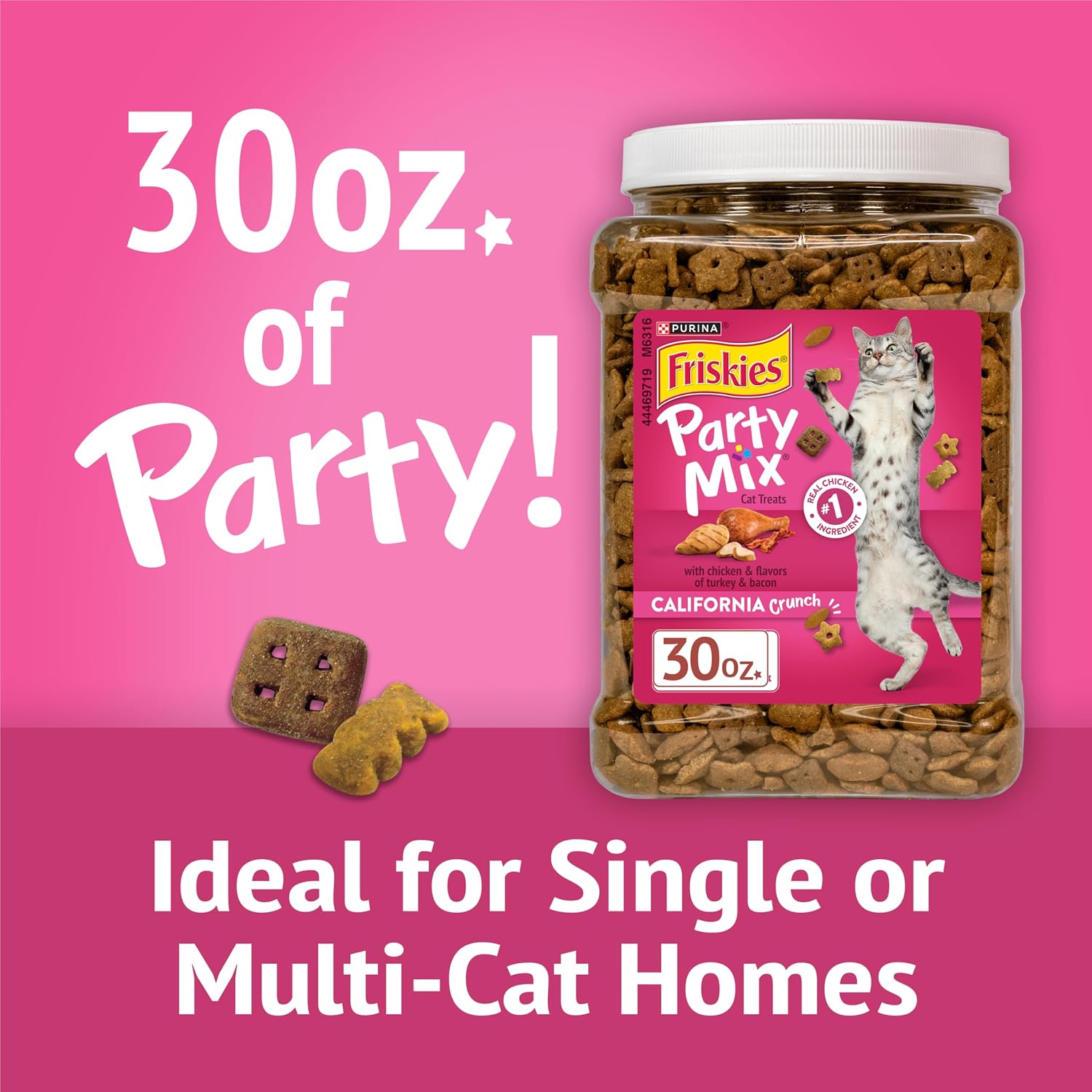 Friskies Party Mix crunchy cat treats in fun shapes for adult feline dental health