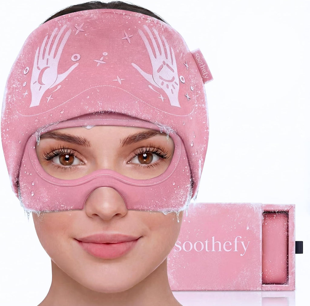 Soothefy migraine relief cap front view with eye holes