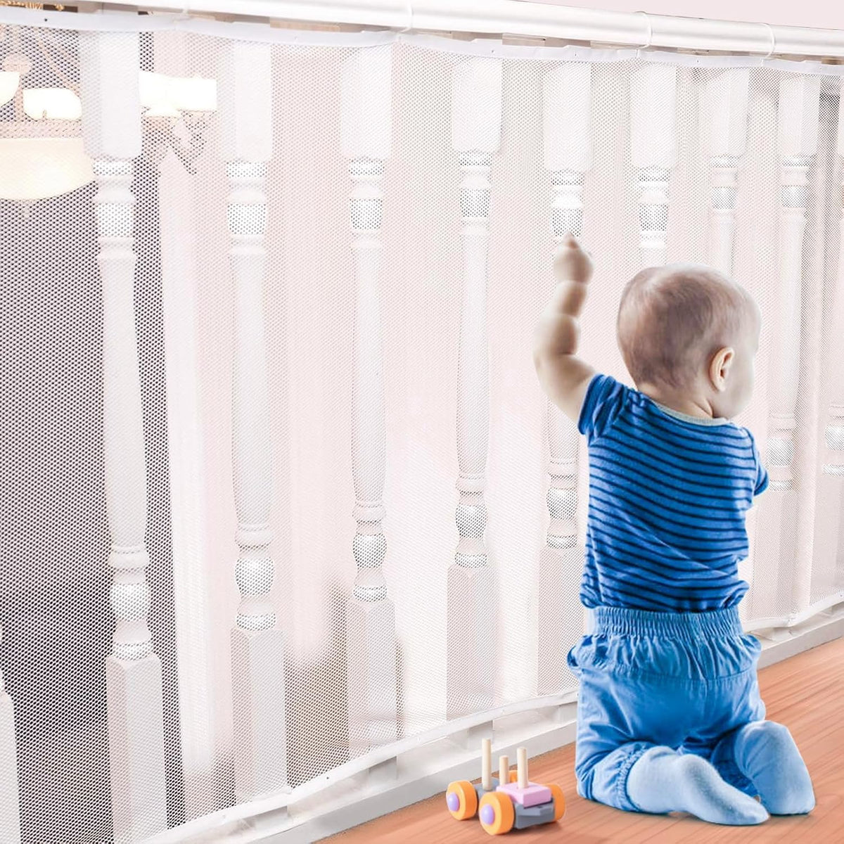 tupi Banister Guard for Baby and Pets - 300cm Extra Long Balcony Netting, Heavy Duty Stair Railing Cover, Child Safety Mesh for Kids and Toddlers, No Drill Barrier with 41 Zip Ties - Image 1