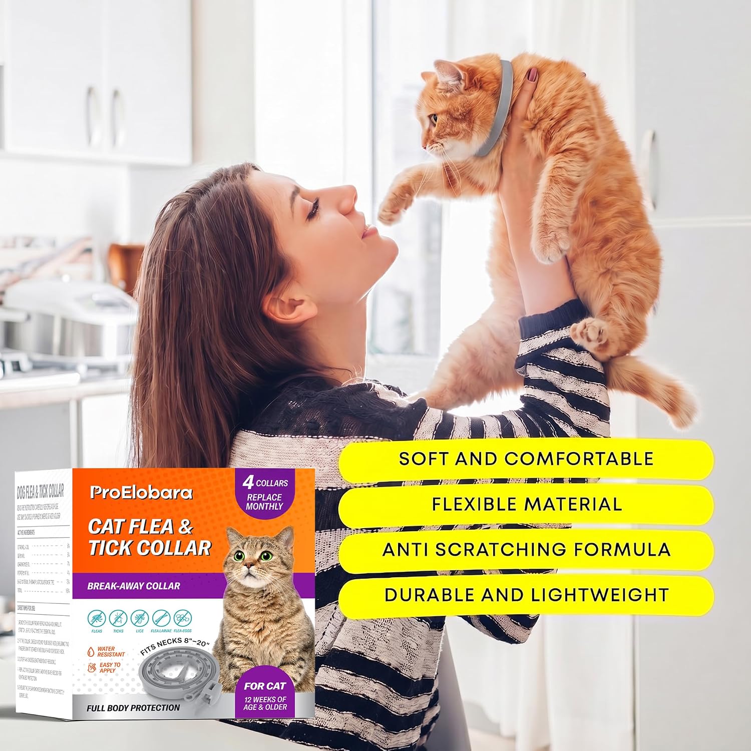 ProElobara cat flea collar showing essential oil formula