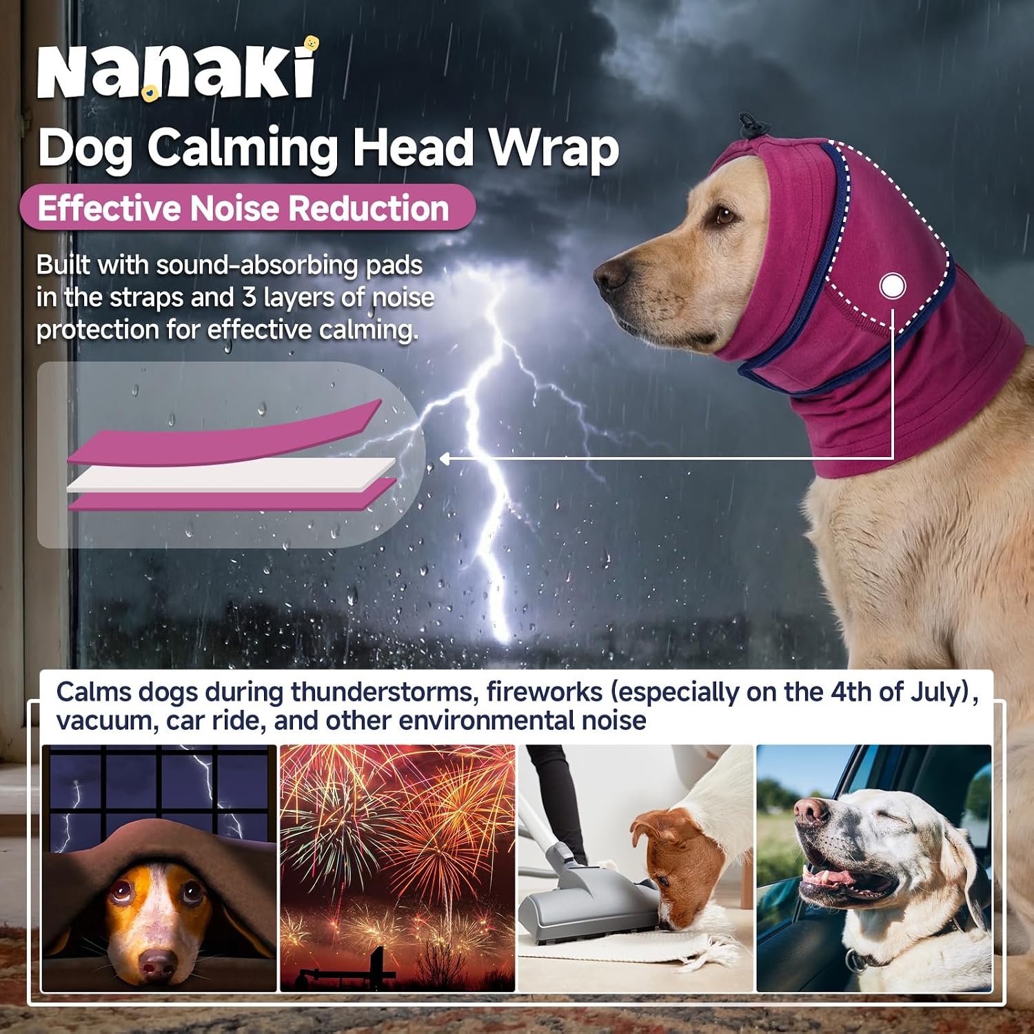 Nanaki noise protection snood side view demonstrating full coverage of a dog's ears.