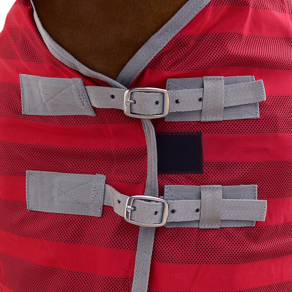 Challenger pony fly rug showing close up of the lightweight airflow material and durable buckles