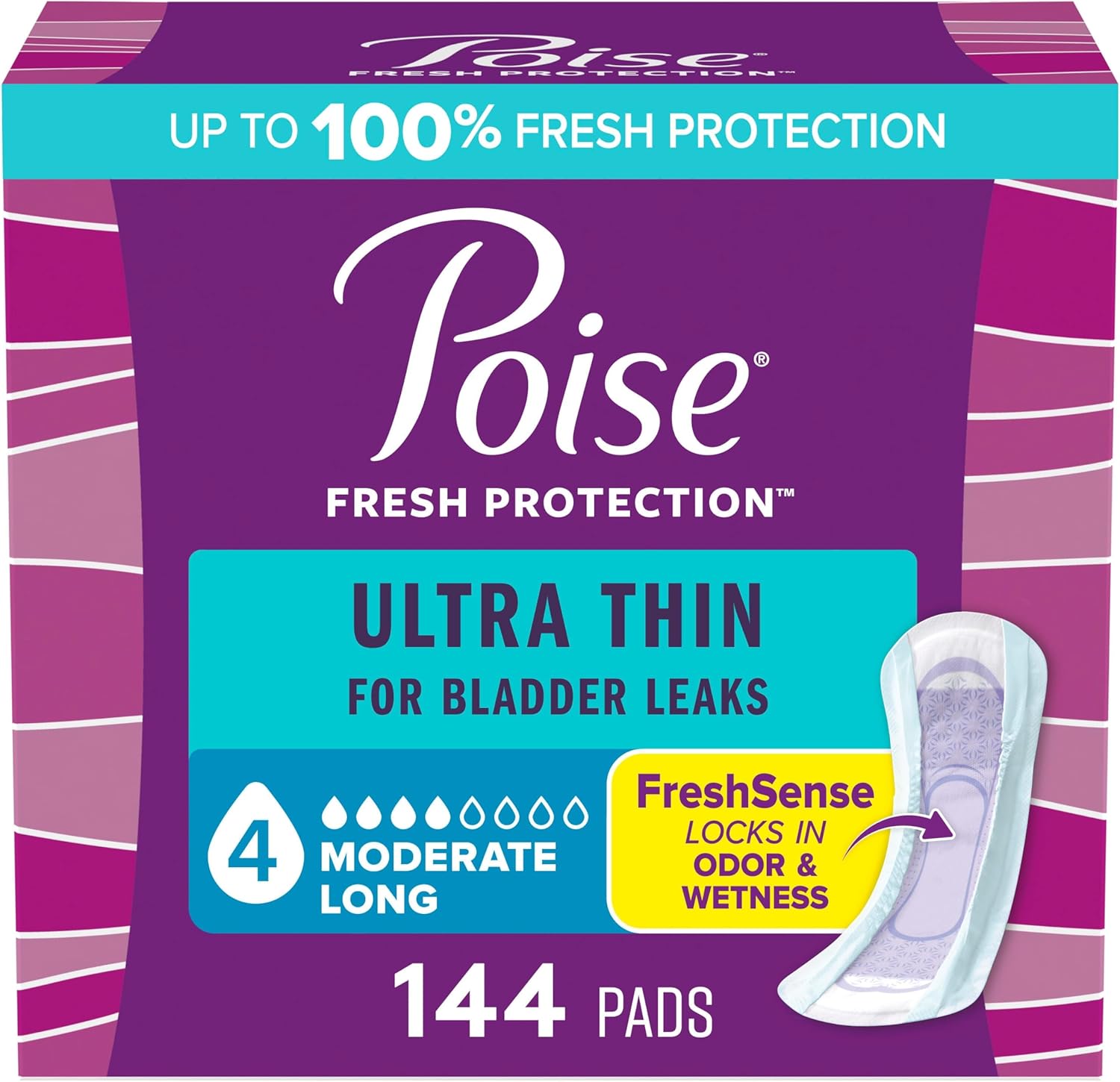 Poise Ultra Thin Incontinence Pads 144 count purple box front view