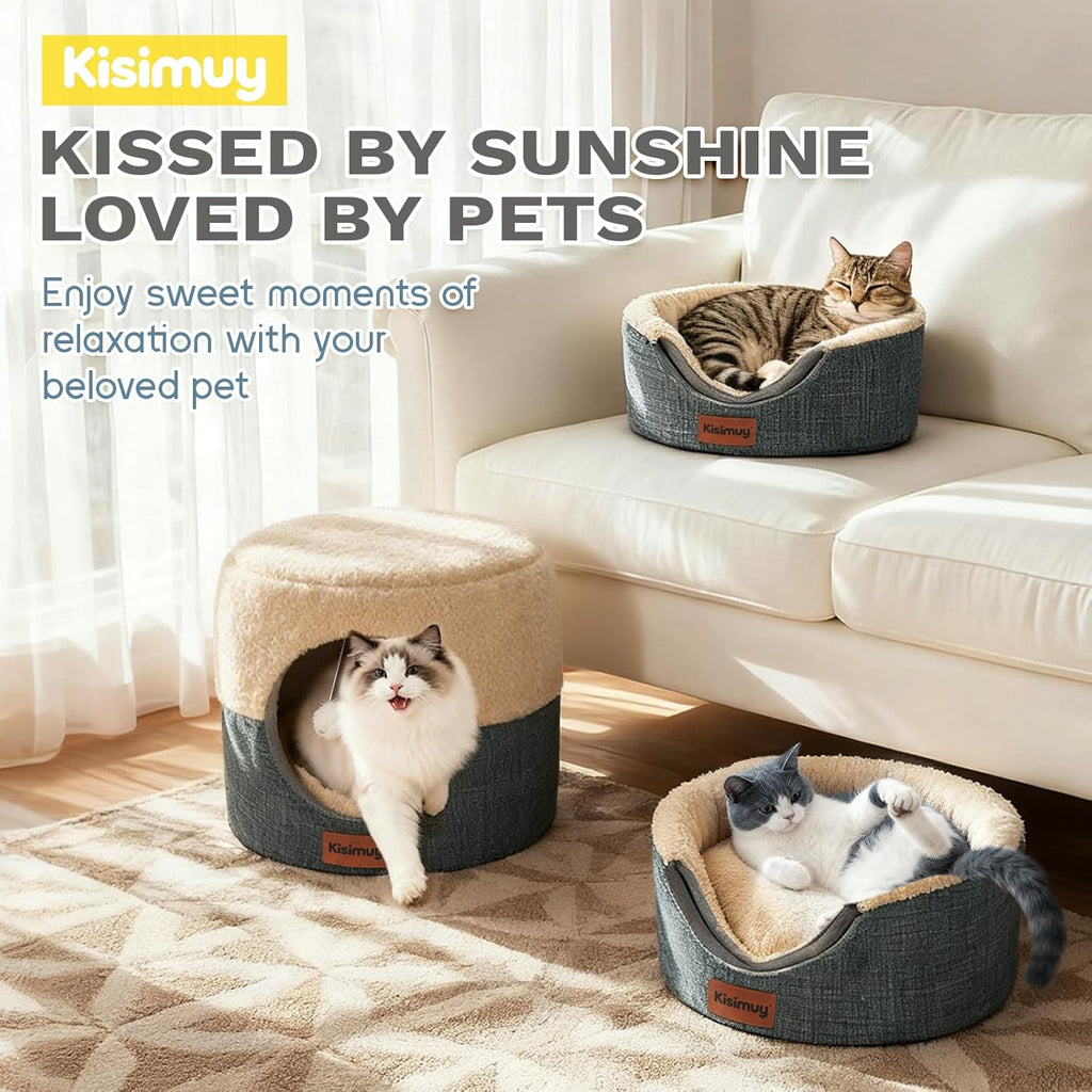 KISIMUY enclosed kitten tent bed with the hanging toy accessory visible inside the entrance