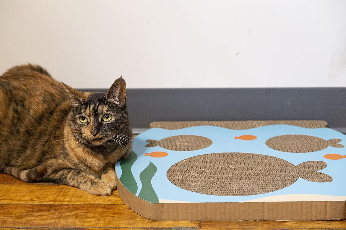 Reversible cardboard scratching mat for cats with underwater theme.