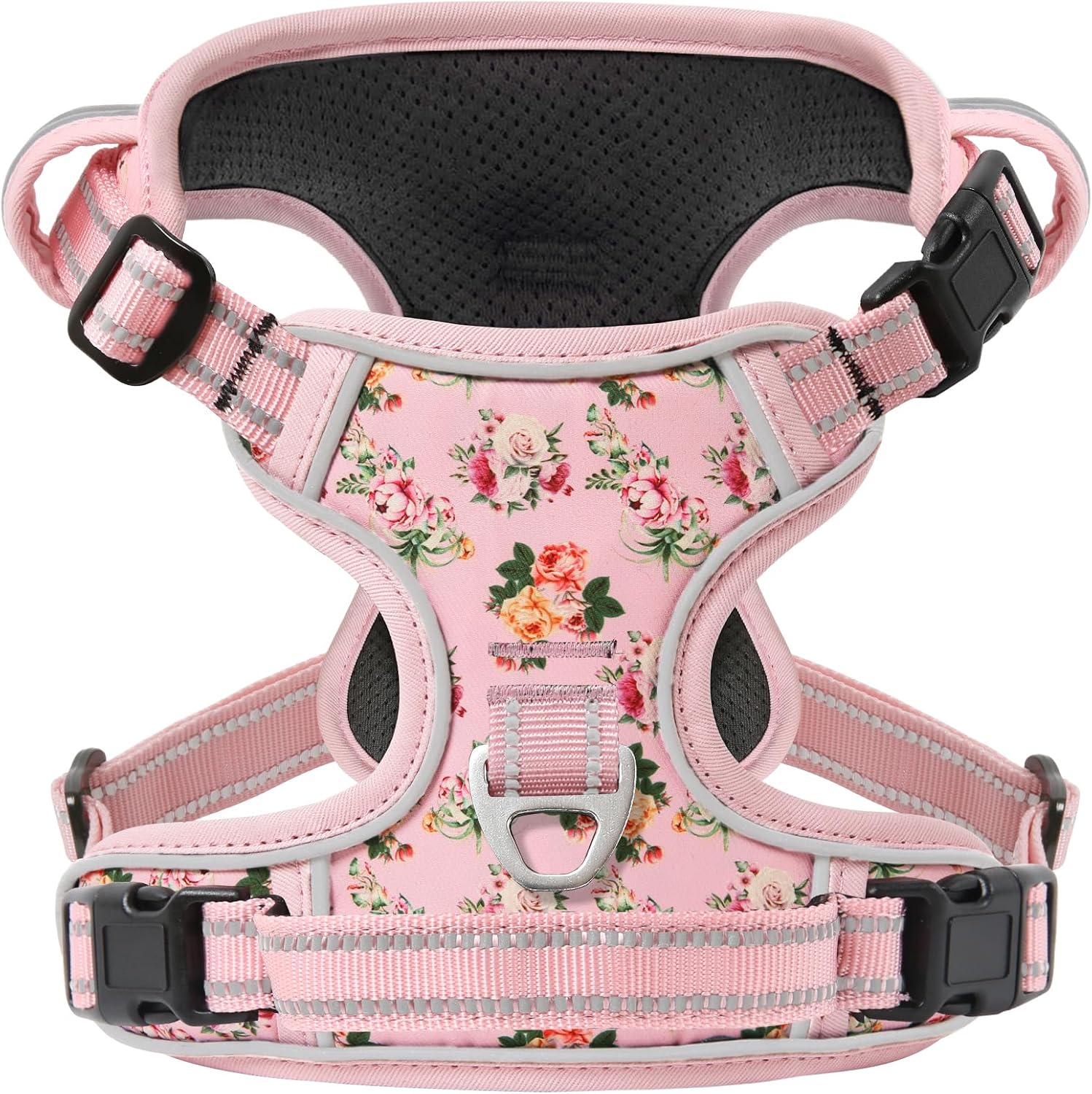 Timos Pink No Pull Dog Harness front view with metal leash clip