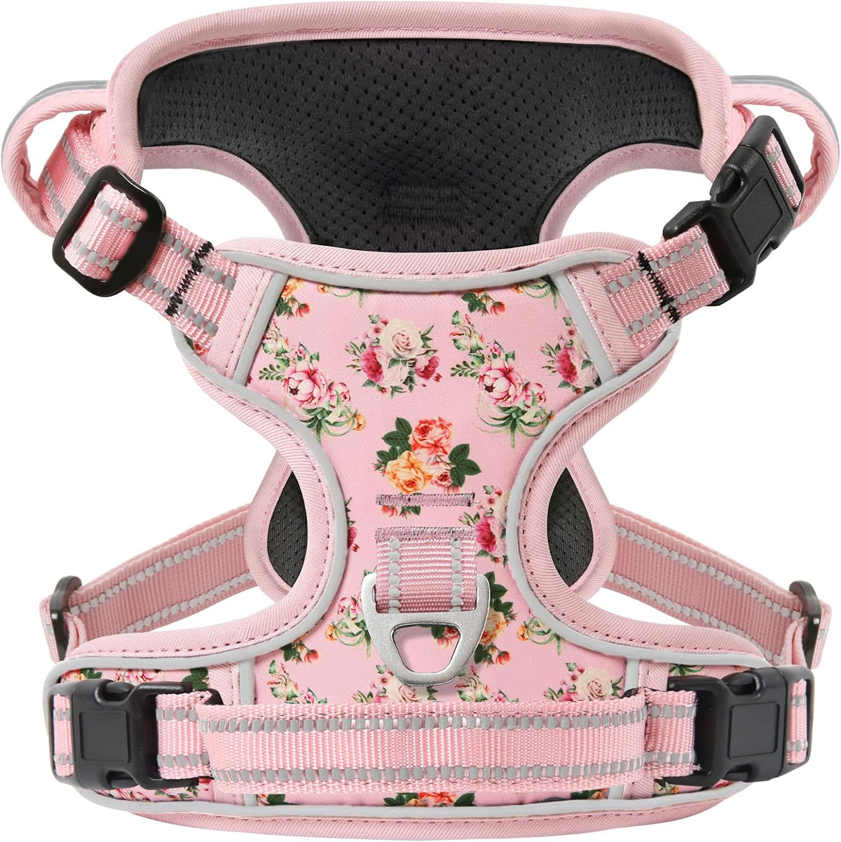 Timos Pink No Pull Dog Harness front view with metal leash clip