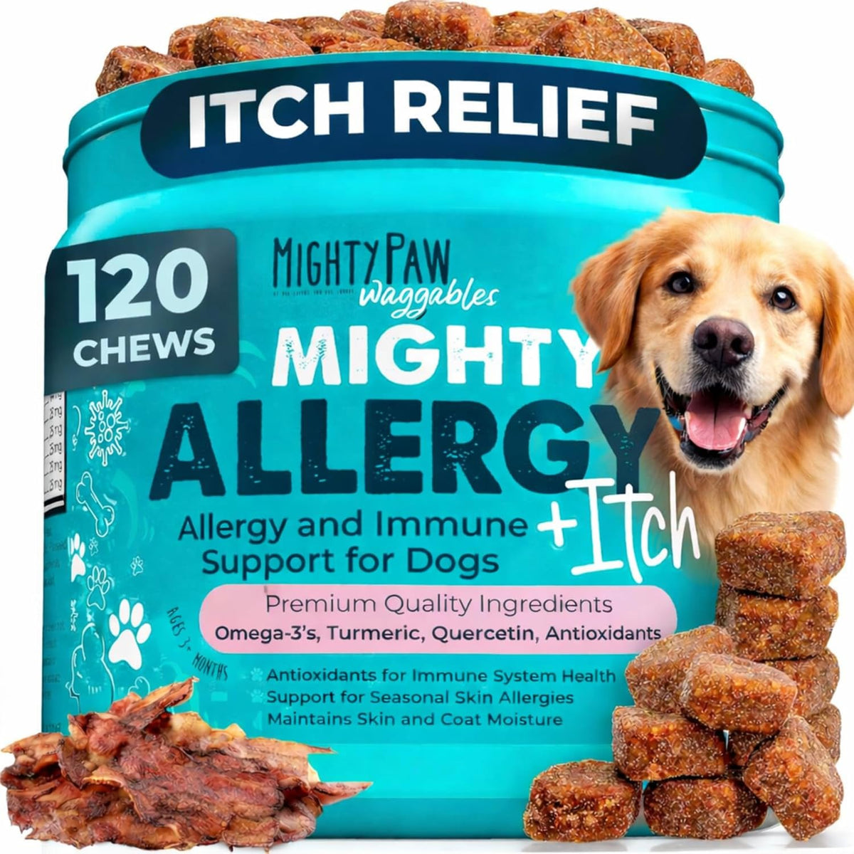 Mighty Paw Dog Allergy Chews front view packaging for pet immune support