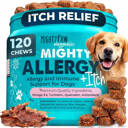 Mighty Paw Dog Allergy Chews front view packaging for pet immune support