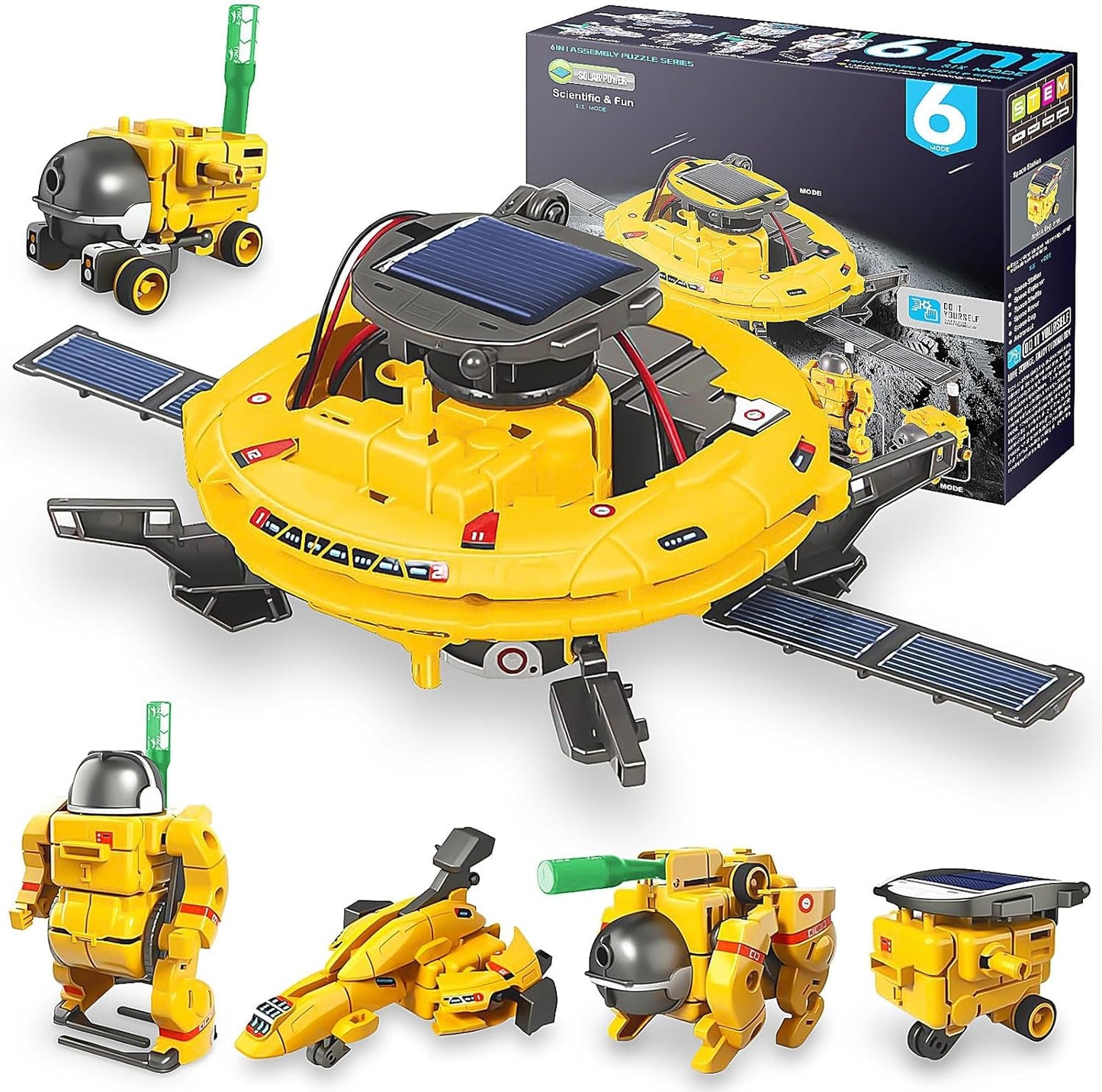 Playsheek 6-in-1 Solar Robot Kit front packaging view showcasing the yellow space toy models.