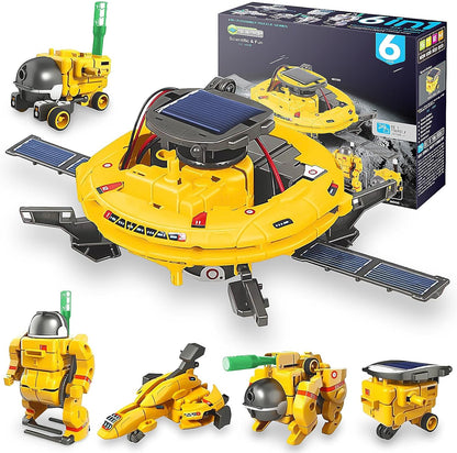 Playsheek 6-in-1 Solar Robot Kit front packaging view showcasing the yellow space toy models.