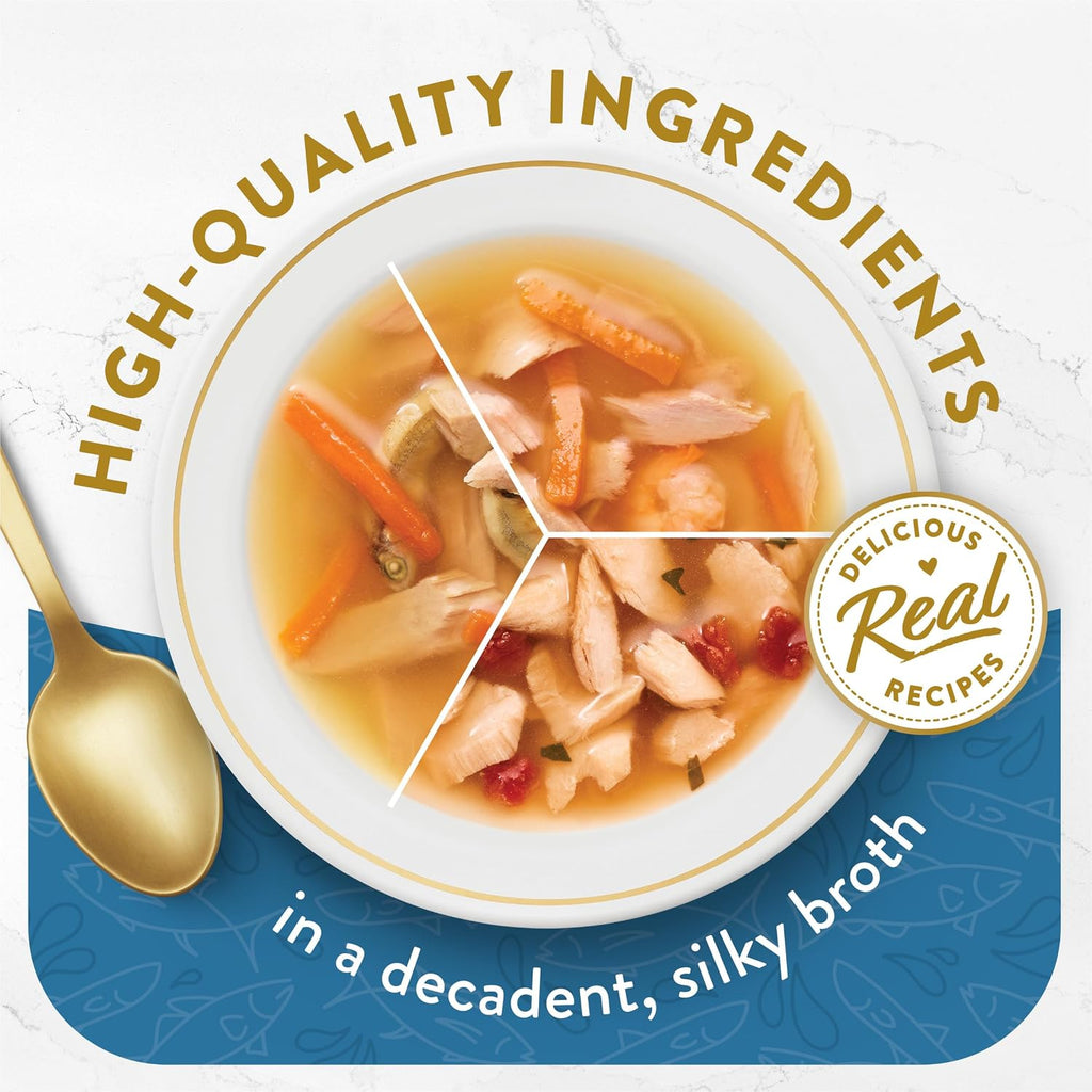 Close-up of Fancy Feast cat food broth liquid texture