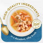 Close-up of Fancy Feast cat food broth liquid texture