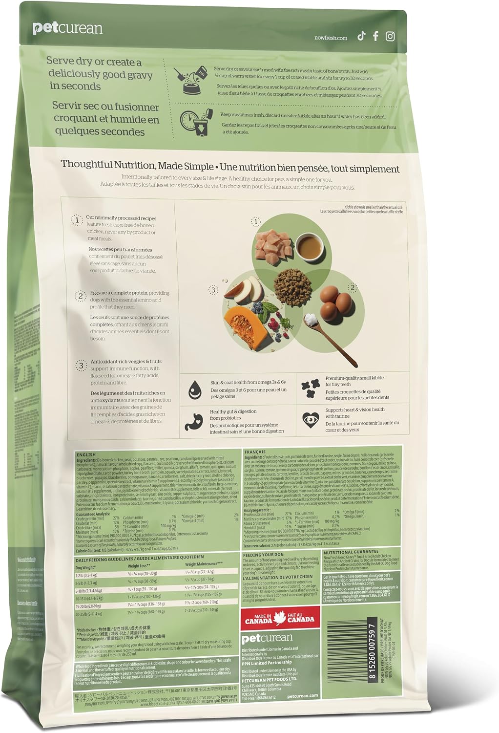 Now Fresh small breed adult chicken recipe dog food bag showing ancient grains ingredients