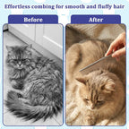Fine tooth tear stain remover comb being demonstrated for small dog eye area cleaning.