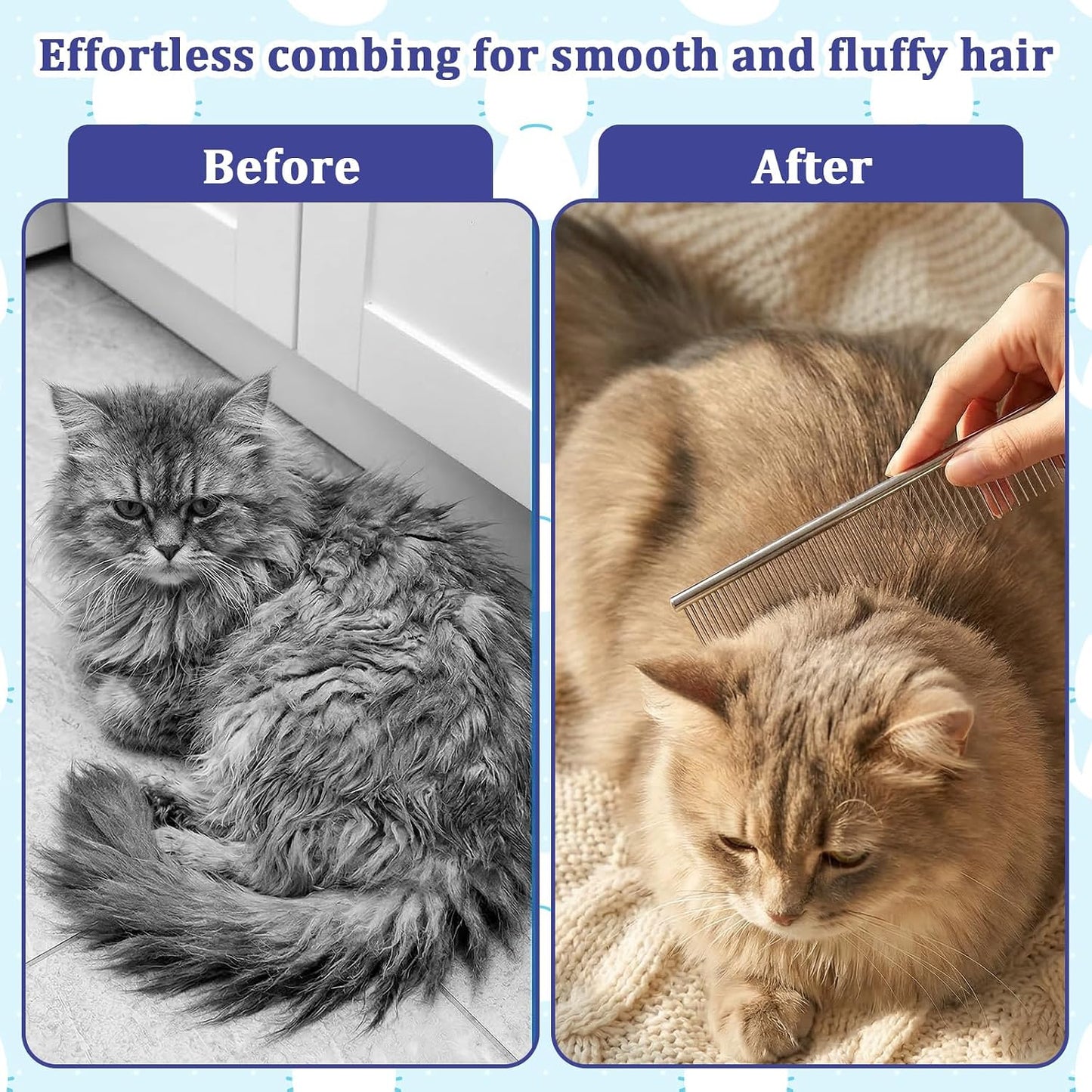 Fine tooth tear stain remover comb being demonstrated for small dog eye area cleaning.