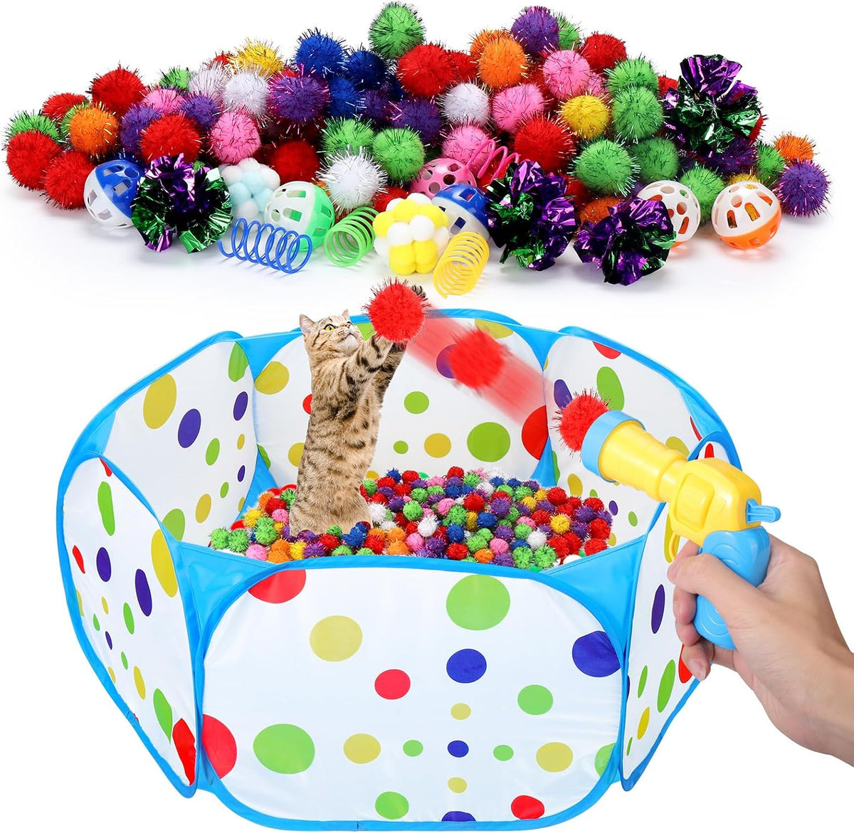 Mity rain 102PCS Cat Ball Launchers & Pom Pom Balls Interactive Cat Toy Set - Safe Soft Plush Kitten Toys for Indoor Cats, Fun Kitten Toys for Endless Active Play (Christmas) - Image 11
